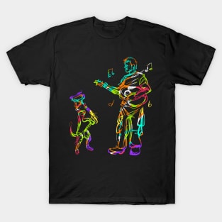 Dog and music colorful man playing guitar dancing T-Shirt